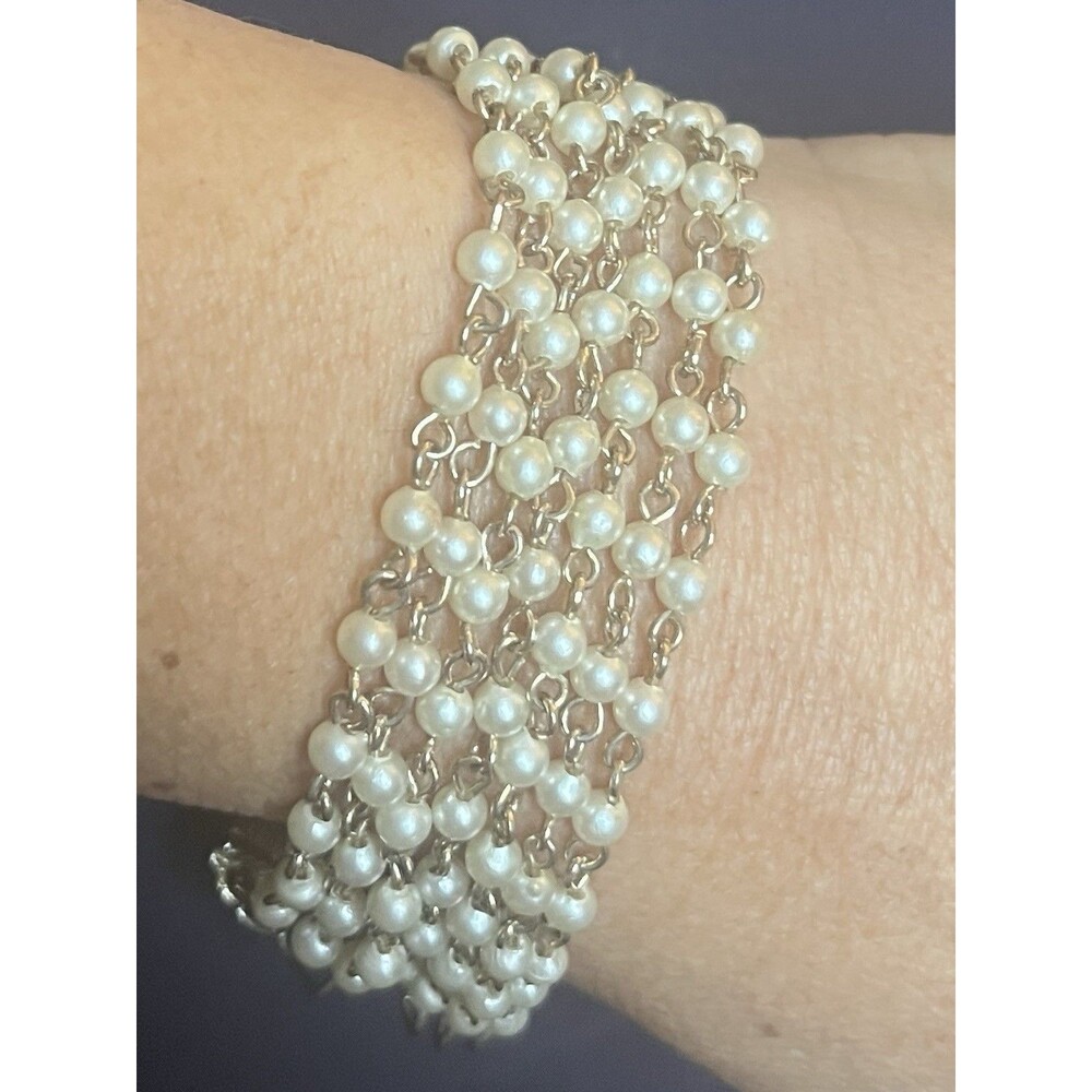 Vintage Bracelet 1960s Tiny Faux Pearls Multi Strand 7-1/2" Gold Tone Metal